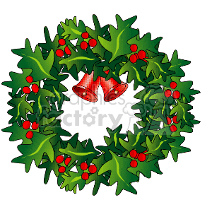 Green Holly Berry Wreath with Two Red Bells