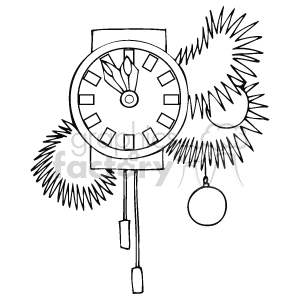 The image is a black and white clipart featuring a clock adorned with Christmas or winter holiday decorations, which appears to be pine branches. The clock has its hands near midnight and there appears to be a pendulum and a circular ornament hanging below.
