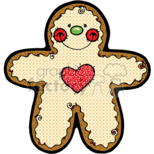   The clipart image depicts a country-style gingerbread man cookie. Key characteristics of this image include that the cookie has a happy face with green circular eyes and red circular cheeks, and there