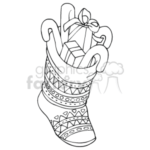  The image is a black and white clipart illustrating a Christmas stocking filled with various items. Inside the stocking, there is at least one visible gift or present that
