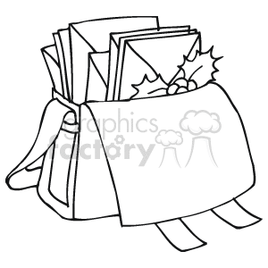 The clipart image depicts a sack or mailbag tied with a ribbon, filled with letters or envelopes. There's a sprig of holly with berries on top of the letters, indicating it is likely representing Christmas or holiday mail.