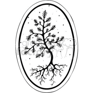   The image depicts a simplistic tree with branches and roots contained within an oval border. It
