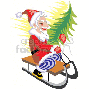 Clipart of Santa Claus riding a sleigh while holding a Christmas tree.