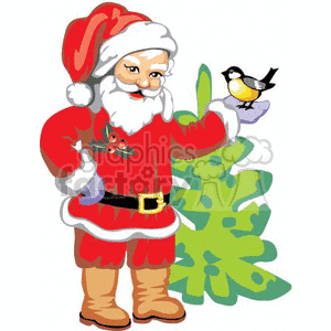 A festive clipart image featuring Santa Claus in a red suit holding a small bird. Santa is standing in front of a green Christmas tree and adorned with holly berries.