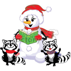 A cheerful snowman wearing a red hat and scarf reads a green book, surrounded by two skunks in scarves in a festive setting.