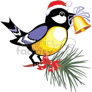 A festive bird wearing a Santa hat holding a bell in its beak, perched on a pine branch with a red ribbon.