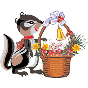 A cheerful chipmunk wearing a scarf stands beside a festive basket filled with holiday decorations such as candy canes, stars, and a bell, symbolizing Christmas giving and joy.