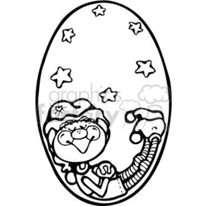 The clipart image shows a whimsical portrayal of a figure resembling an elf resting in a window shaped like an egg, with stars in the sky indicating that it is night time. This scene creates a festive holiday atmosphere suggestive of Christmas.