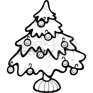 The clipart image depicts a stylized Christmas tree with decorations. The tree is designed with a star on the top, and it is embellished with what appear to be round ornaments scattered across its branches. The Christmas tree is standing on a base that could be a tree stand or skirt, designed with shell-like or fan-like patterns. The tree and ornaments are drawn with a cartoon-like simplicity, featuring outlines and some shading or pattern textures, giving it a cheerful and festive appearance.