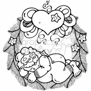 Black and White Wreath Holding Santa Claus Sleeping Decorated with Hearts and Stars