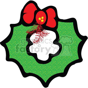   This clipart image features a stylized depiction of a Christmas wreath. The wreath is shown with a green leafy design that has small, light dot accents, suggesting a holly or evergreen wreath with decorations. At the top of the wreath, there