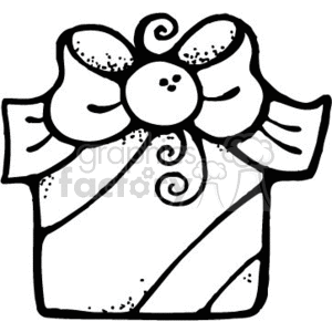 The clipart image depicts a stylized drawing of a wrapped Christmas gift or present. The gift features a large bow on top with a button-like center and ribbon curls. The drawing appears to be in a linear, monochrome style suggestive of an illustration or coloring book design.
