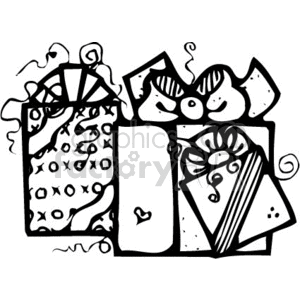The image depicts a black and white clipart of three Christmas presents. Each gift is wrapped differently, with decorative patterns, ribbons, and bows, symbolizing the festive spirit of gift-giving during the holiday season.