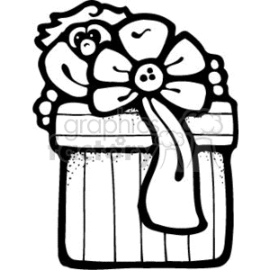 This is a black and white clipart image of a gift box with a large decorative bow on top, and someone peeking over the top of it from behind