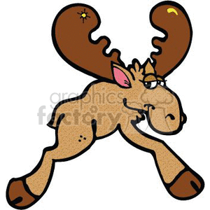   This is a clipart image of a cartoon moose. The moose has large antlers, each featuring a small decorative element that appears like a star or sparkle. Its body is a tan color with darker shading on the underbelly and hooves. One of the moose