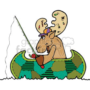 This clipart image features a cartoon moose engaging in a fishing activity. The moose has antlers with fishing hooks hanging from them. The moose is sitting in a green canoe and is holding a fishing pole with a fish at the end of the line. 