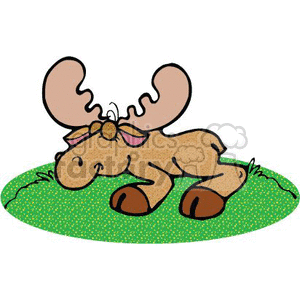 The clipart image features a cartoon of a baby moose with antlers, adorned with a festive bow, lying down asleep on a grassy hill.