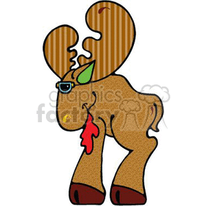 The clipart image shows a stylized moose wearing sunglasses. It has a quirky look with a leaf or a piece of greenery behind one ear and a shiny red nose, resembling a tropical or summer vibe. The moose is designed with a casual, cool attitude.