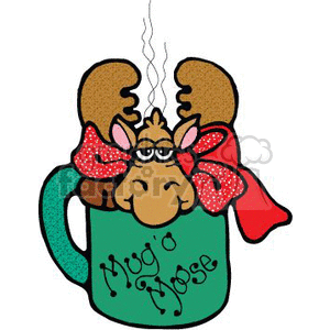 The image depicts a humorous holiday-themed illustration featuring a cartoon moose submerged in a green coffee or tea mug. The moose's head protrudes from the top of the mug, with its large antlers extending outward and a big red bow with polka dots wrapped around them. The moose is wearing round glasses and appears slightly dismayed or resigned. The mug has steam rising from it, indicating a hot beverage, and text on the mug says Mug o' Moose. The design has a playful and festive feel, suitable for holiday decorations or greeting cards.