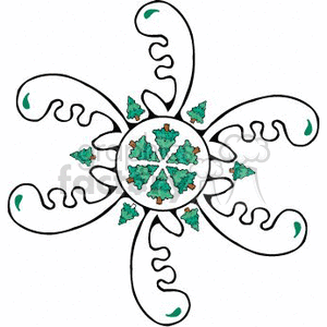 This is a simple stylized illustration of a snowflake. The snowflake has a central six-pointed design with small green Christmas tree decorations at the tips of its inner design. It features swirls and other decorative elements in its overall pattern, giving it an ornamental look ideal for the holiday season.