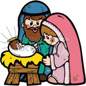   This clipart image features the classic nativity scene associated with Christmas. It includes baby Jesus lying in a manger with a halo around his head, while Mary and Joseph are lovingly watching over him. Mary is depicted in pink robes with a veil, and Joseph is in blue robes with a brown beard. The image captures the iconic moment of Jesus