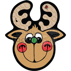 The clipart image displays a whimsical, cartoon-styled reindeer face associated with Christmas. It has large, patterned antlers, a round red nose reminiscent of Rudolph, and eyes that suggest a playful or funny character. The reindeer also features rosy cheeks with what appears to be snowflake or star-like markings on them.