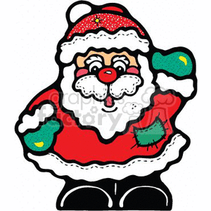 This clipart image features a colorful and whimsical depiction of Santa Claus. Santa is shown with a jovial facial expression, wearing his traditional red suit with white fur trimmings and a red hat with a white pompom. He appears to be in a playful pose, suggesting a lighthearted and festive holiday spirit.
