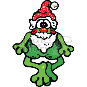   This clipart image features a whimsical cartoon frog dressed in holiday attire, including a red and white Santa hat. The frog has a white beard, mimicking Santa