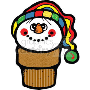 The image is a playful depiction of a snowman with a carrot nose, wearing a colorful winter hat, and appearing to sit atop what looks like an ice cream cone. The snowman has a happy expression, with a smile on its face and rosy cheeks, and there are three black dots on its face representing coal pieces used for buttons or the mouth. The hat has a striped pattern with varying colors and a pom-pom at the end. The ice cream cone is brown and seems to have some texture, possibly representing the wafer style of a typical ice cream cone.