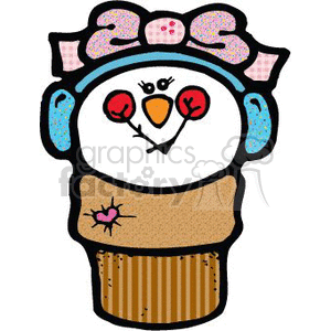 The clipart image features a stylized drawing of a snowman designed to resemble an ice cream cone. The snowman's head, acting as the scoop of ice cream, has a cheerful face with an orange carrot-like nose, black dots for eyes, and a smiling mouth. It has red mittens on the sides that mimic the look of cherries on top of a dessert. The body of the snowman is depicted as the cone, decorated with a pattern suggesting a waffle texture, and there's a pink bow with polka dots on top of the head. A small star or snowflake accent appears on the cone portion.