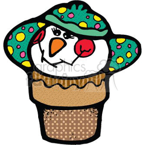   The image features a whimsical depiction of a snowman combined with an ice cream cone. The snowman appears to be wearing a colorful hat with polka dots and has a carrot nose and red cheeks. The ice cream cone is represented in two layers, possibly indicating different flavors, with the upper part forming the snowman