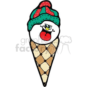   This clipart image depicts a whimsical Christmas-themed ice cream cone designed to look like a snowman. The cone itself serves as the body of the snowman, with an ice cream scoop depicted as the snowman