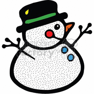 In the image, there is a classic depiction of a snowman. Notable features include:
- A carrot nose
- A black hat with a green band
- Stick arms
- Two blue buttons on the snowman's front
- A textured pattern suggesting snow or ice across the snowman's body