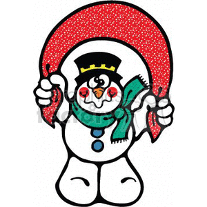 The clipart image depicts a cartoon of a jolly snowman. The snowman has a black top hat, a green scarf, a carrot nose, and two eyes, and is smiling. The snowman is holding a large red cloth that arches over its head with both hands. The snowman appears against a plain background, and the colors are vivid, primarily consisting of red, white, and black with a touch of green and orange.