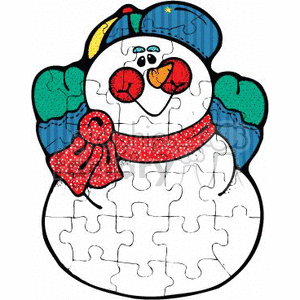 This clipart image depicts a jigsaw puzzle shaped like a cheerful snowman. The snowman is adorned with winter accessories, including a multi-colored hat with a blue brim, and a warm red scarf. It's depicted against a plain white background.