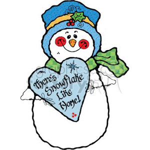   The clipart image features a festive snowman character associated with winter holidays, like Christmas. The snowman is wearing a blue hat with a holly berry adornment and a green scarf. Its face consists of two eyes, a carrot-shaped nose, and a joyful expression. The snowman is holding a heart-shaped sign with the playful phrase There