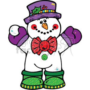 The clipart image features a festive and colorful snowman. The snowman is adorned with a purple top hat with holly decoration, a large red bow tie with a green center, purple mittens, and green boots with a star pattern. It has a classic carrot nose, black dots for eyes and mouth, and appears to be holding up its left hand with a snowball ready to throw! 