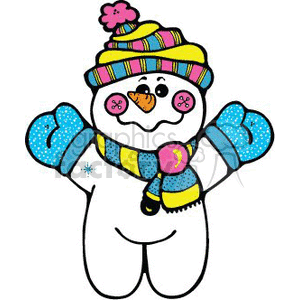 Cartoon snowman wearing blue mittens