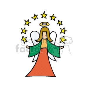 The clipart image depicts a colorful cartoon-style drawing of a Christmas angel. The angel has a halo above its head and is surrounded by several yellow stars. It appears to have wings and is wearing a red dress with a green shawl or cloak.