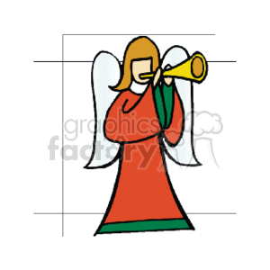 The image is a simple clipart illustration featuring an angel with wings, wearing a red robe with green details, and playing a golden horn. The angel has yellow hair and the style of the image is cartoonish and flat, typical for clipart. It is set against a plain white background