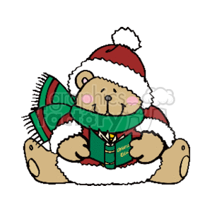   The clipart image features a cute teddy bear dressed in a Santa hat and a green scarf, seated and reading a book that has 