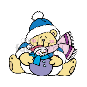 This clipart image features a cute teddy bear wearing a blue Santa hat and holding a small snowman plush toy. The teddy bear appears to be in a cheerful mood, depicted with a friendly smile. The overall theme suggests a festive holiday setting, with elements associated with Christmas such as the colors, Santa hat, and the snowman.