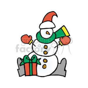 The clipart image depicts a cheerful snowman dressed in winter holiday attire. The snowman is wearing a red Santa hat with a white trim and a green scarf. It has a carrot for a nose and is wearing green mittens. The snowman holds a green Christmas present with a red ribbon in one hand and is wearing boots. The snowman's white body is adorned with three round buttons.