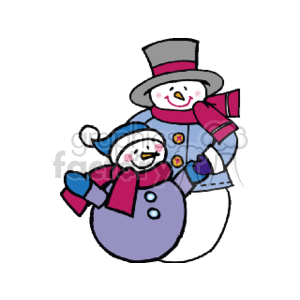Two Snowmen Wearing Coats Scarfs and Hats