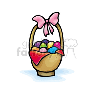 A cheerful clipart image featuring a wicker basket filled with brightly colored, painted Easter eggs and adorned with a pink bow.