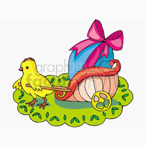 A cute chick pulling a decorated egg cart with a large Easter egg tied with a pink ribbon on a grassy surface.