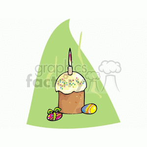 Illustration of a decorated Easter cake with a lit candle, surrounded by an Easter egg and a small gift.