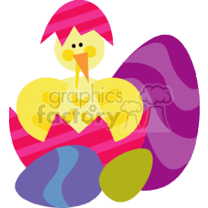 The image depicts a vibrant cartoon of a yellow chick that has just hatched out of a purple and pink striped Easter egg. The chick is partially enclosed by the cracked shell, with two other decorated eggs, one blue and one yellow-green, sitting beside it.