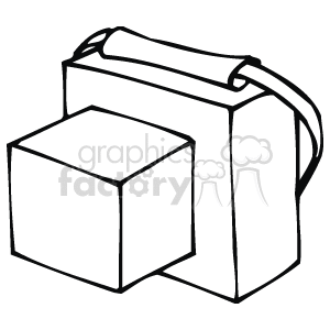 The image is a simple black and white line drawing of a lunch box. It shows a box with a hinged lid and a handle, which is typically used to carry food and beverages for a meal to be eaten elsewhere, like at school or work.