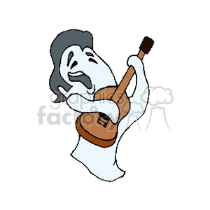 A cartoon ghost playing a guitar, featuring a Halloween theme with musical elements.